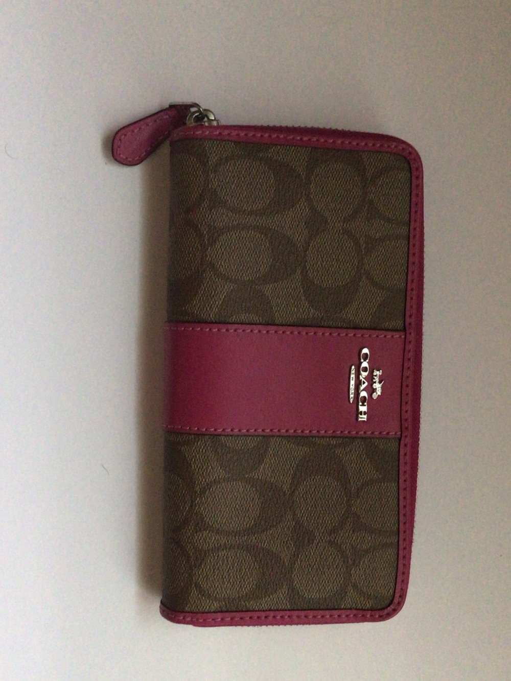 Coach Brown Signature Zip Wallet with Pink Trim